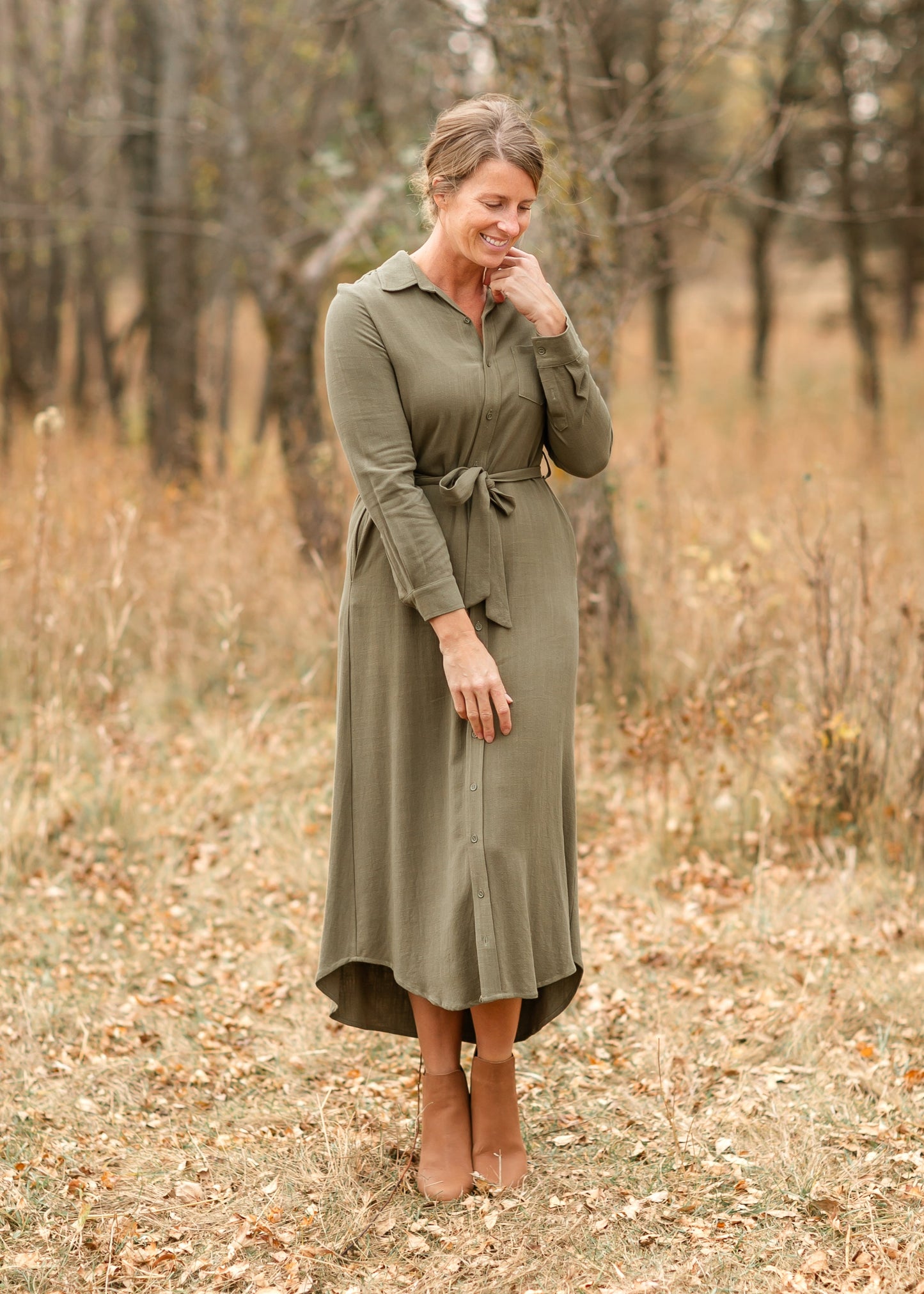 Olive Long Sleeve Linen Dress
