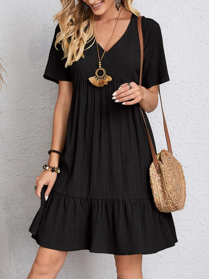 V-neck Robe à Manches Courtes Mode D'été Casual Lâche Robes Volantes Plage Vêtements Femmes