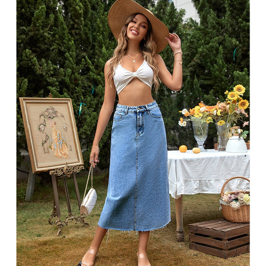Aurora Straight Denim Midi Skirt - Nordik Paris