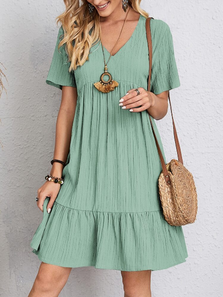 V-neck Robe à Manches Courtes Mode D'été Casual Lâche Robes Volantes Plage Vêtements Femmes
