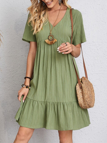 V-neck Robe à Manches Courtes Mode D'été Casual Lâche Robes Volantes Plage Vêtements Femmes