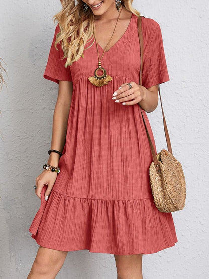 V-neck Robe à Manches Courtes Mode D'été Casual Lâche Robes Volantes Plage Vêtements Femmes