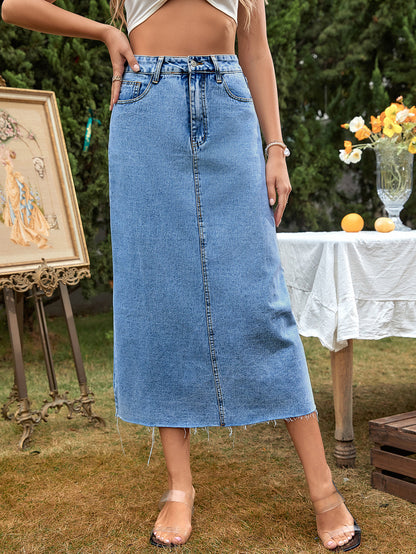 Aurora Straight Denim Midi Skirt - Nordik Paris
