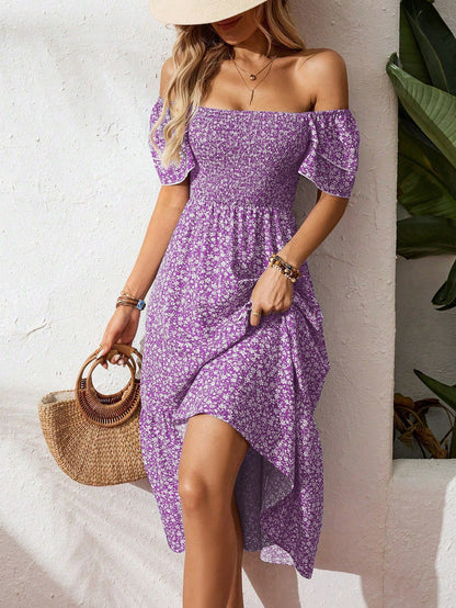 Floral Grace Off - Shoulder Midi Dress - Nordik Paris