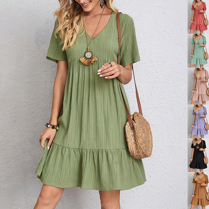 V-neck Robe à Manches Courtes Mode D'été Casual Lâche Robes Volantes Plage Vêtements Femmes