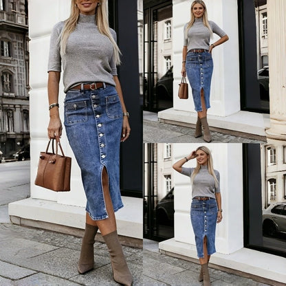 Valencia Button Front Denim Midi Skirt - Nordik Paris