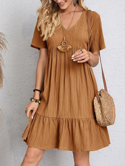 V-neck Robe à Manches Courtes Mode D'été Casual Lâche Robes Volantes Plage Vêtements Femmes