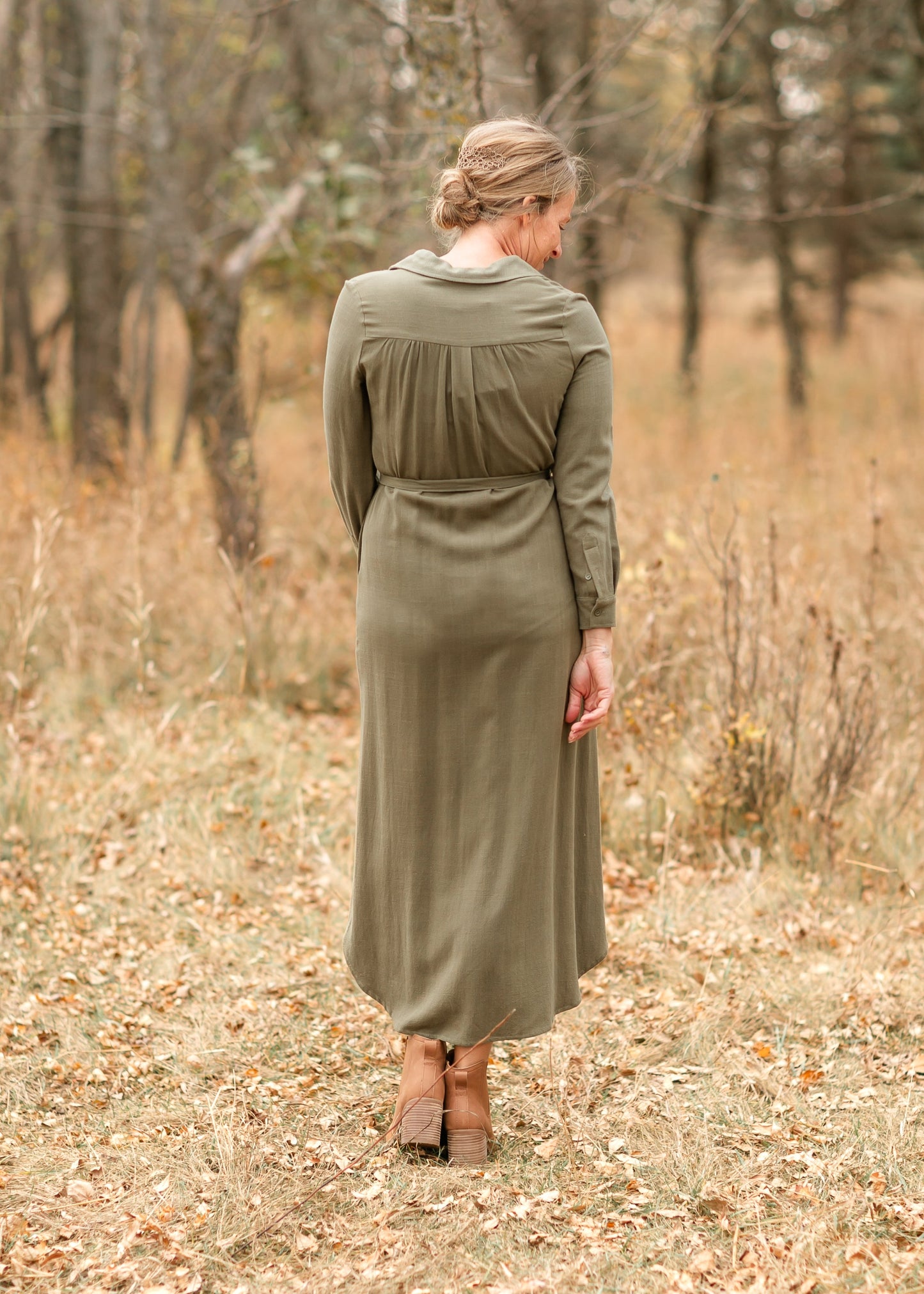 Olive Long Sleeve Linen  Dress
