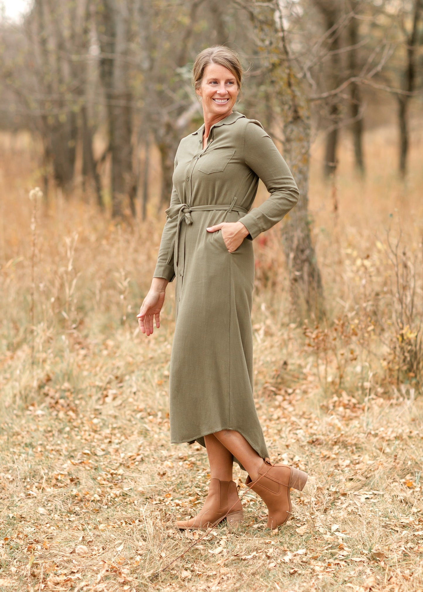 Olive Long Sleeve Linen  Dress