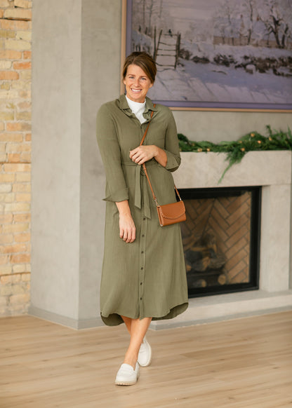 Olive Long Sleeve Linen  Dress