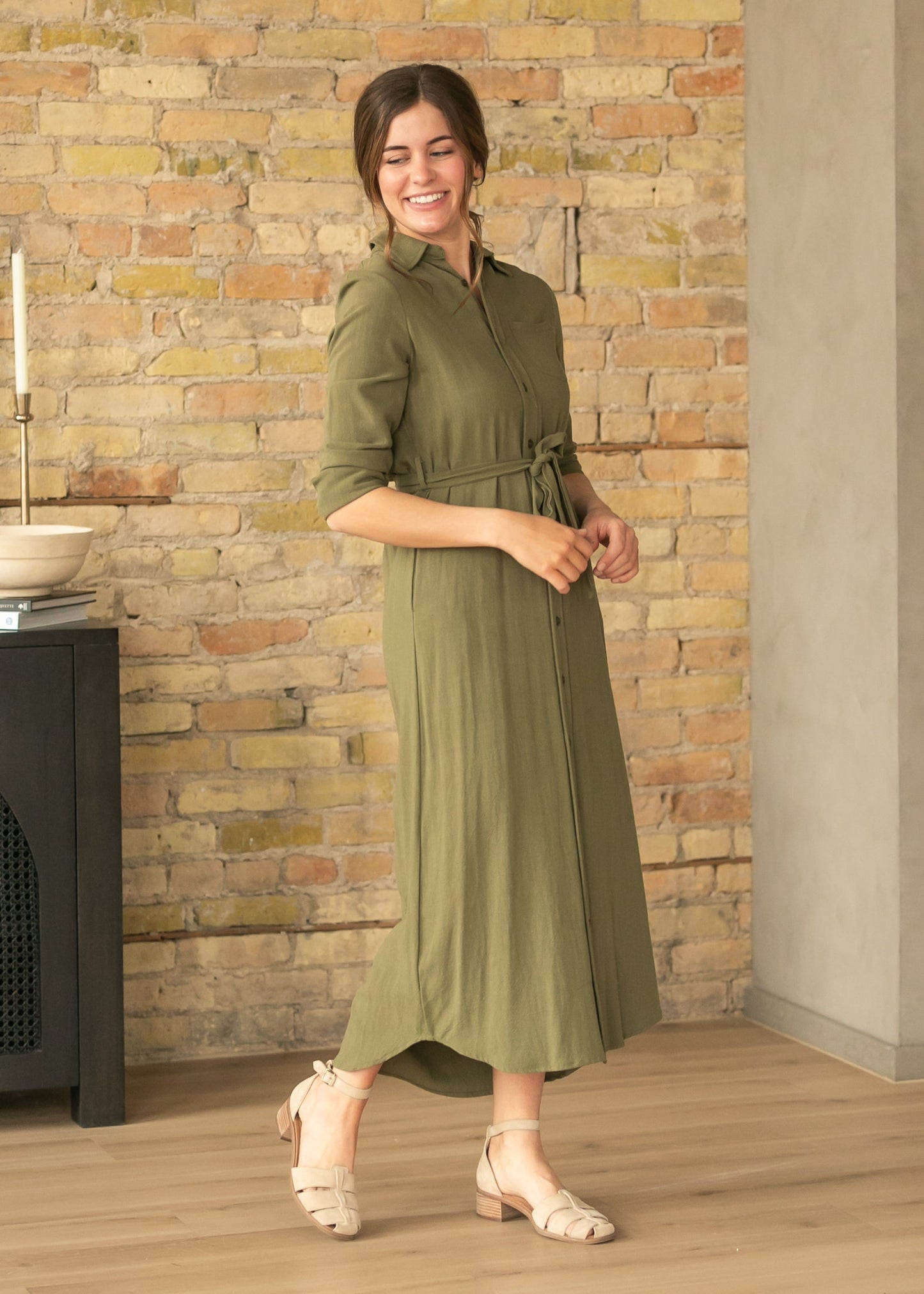 Olive Long Sleeve Linen  Dress