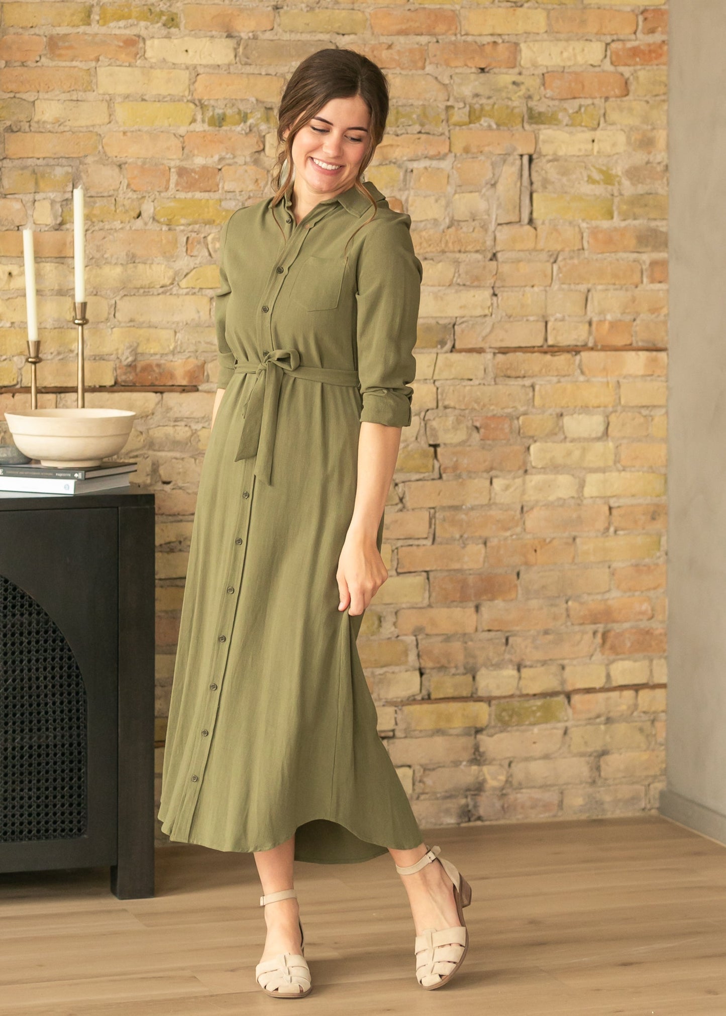 Olive Long Sleeve Linen  Dress