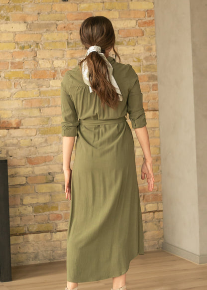 Olive Long Sleeve Linen  Dress