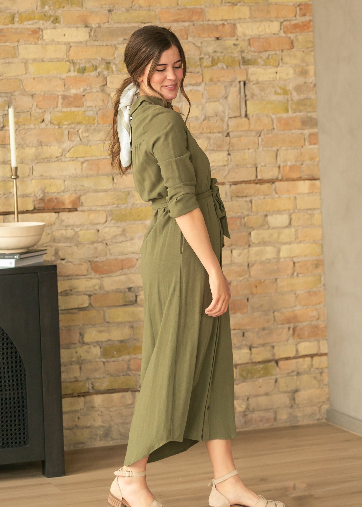 Olive Long Sleeve Linen  Dress
